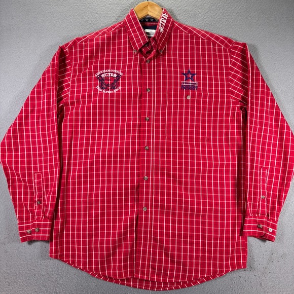 Wrangler Button Down Shirts Men Medium Red Windowpane Actra Roping Patriot Rodeo - Picture 1 of 12